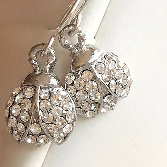 Silver Crystal Ladybug Earrings Sparkly Dainty - Picture 4 of 8